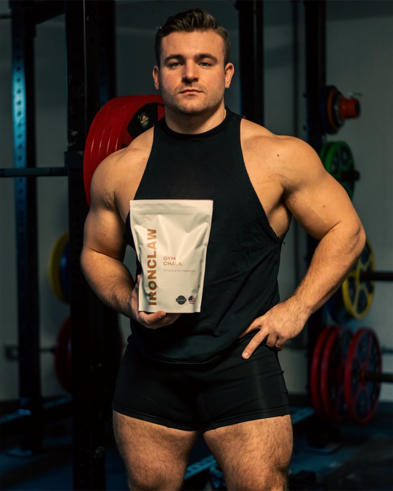 Gavin Adin holding IRONCLAW gym chalk